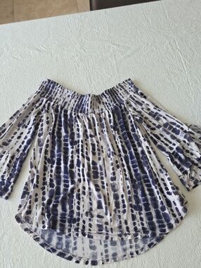 About A Girl Navy and White Off Shoulder Tie Dyed Top